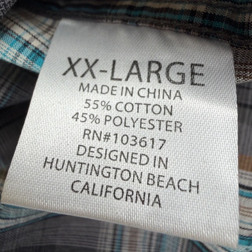 Coastal Mens XXL Short Sleeve‎ Western Plaid Pearl Snap Shirt Grey Teal Brown